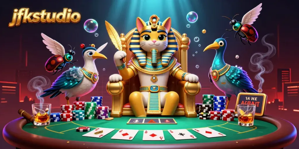 Experience thrilling poker action with jfkstudio's vibrant casino illustration, featuring a royal pharaoh cat and immersive gameplay elements.