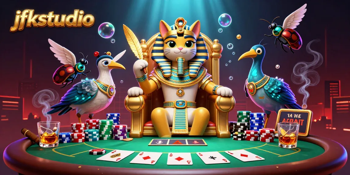 Experience thrilling poker action with jfkstudio's vibrant casino illustration, featuring a royal pharaoh cat and immersive gameplay elements.