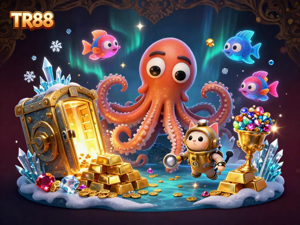 Experience the excitement of TR88 as the colossal kraken emerges with golden treasures in a vibrant casino scene.