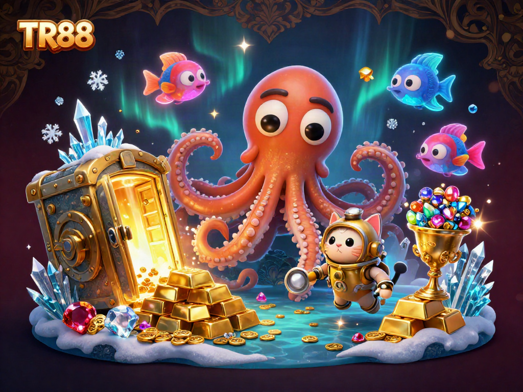 Experience the excitement of TR88 as the colossal kraken emerges with golden treasures in a vibrant casino scene.