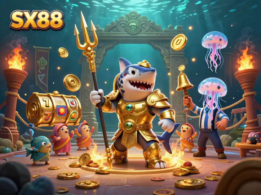SX88 showcases a dynamic underwater casino battle with a golden shark, slot reels, and vibrant elements.