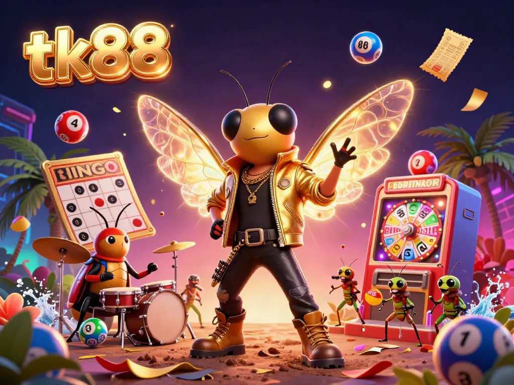 Engage in the excitement of tk88 with a lively scene featuring a cicada rock star and vibrant lottery elements.