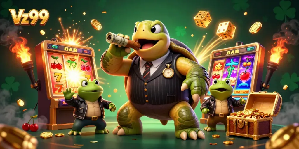 Experience the excitement of Vz99 with a lively casino scene featuring vibrant characters and winning elements.
