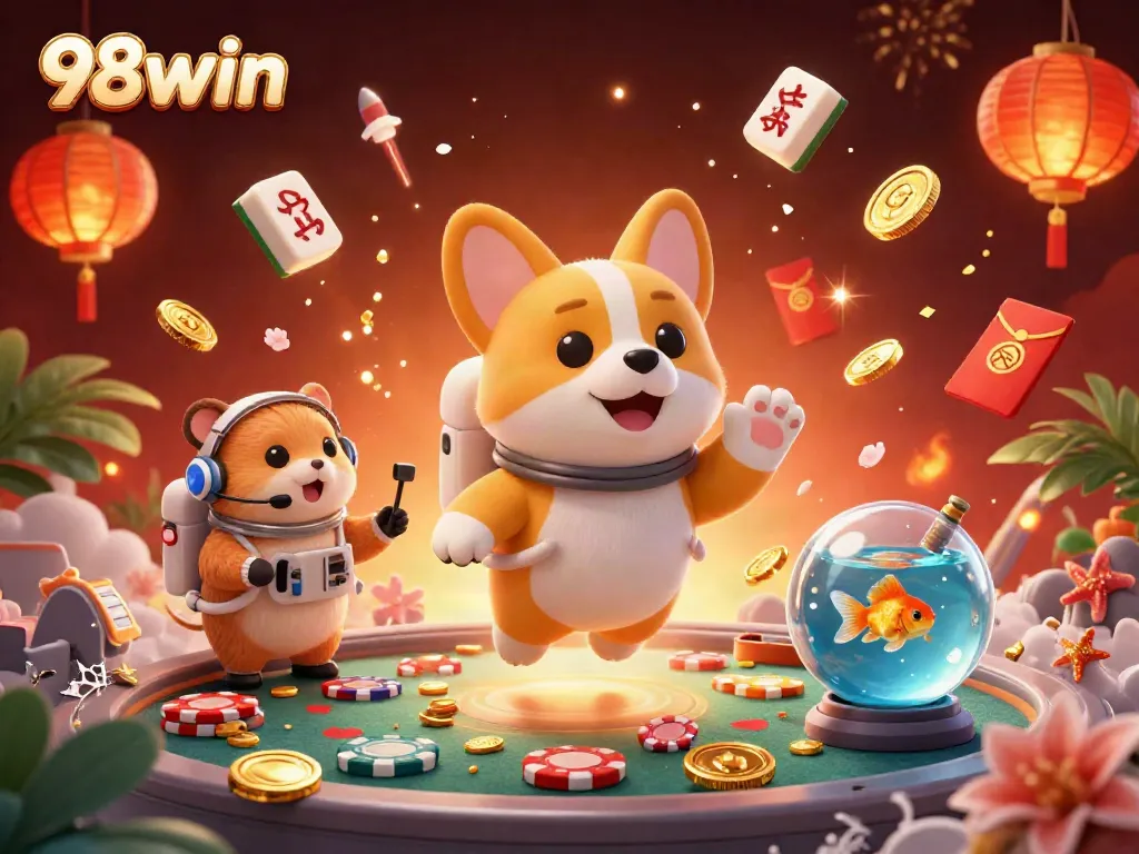 Experience the exciting casino adventure with 98win featuring a floating corgi astronaut and vibrant casino elements.