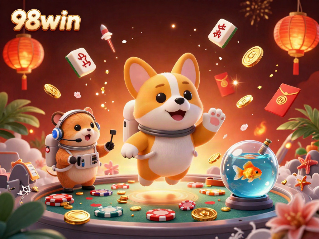 Experience the exciting casino adventure with 98win featuring a floating corgi astronaut and vibrant casino elements.