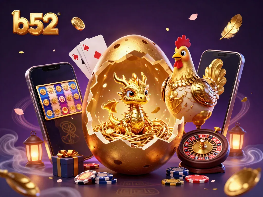 B52 casino scene with a golden egg hatching a dragon amidst poker chips, showcasing vibrant slot game action.
