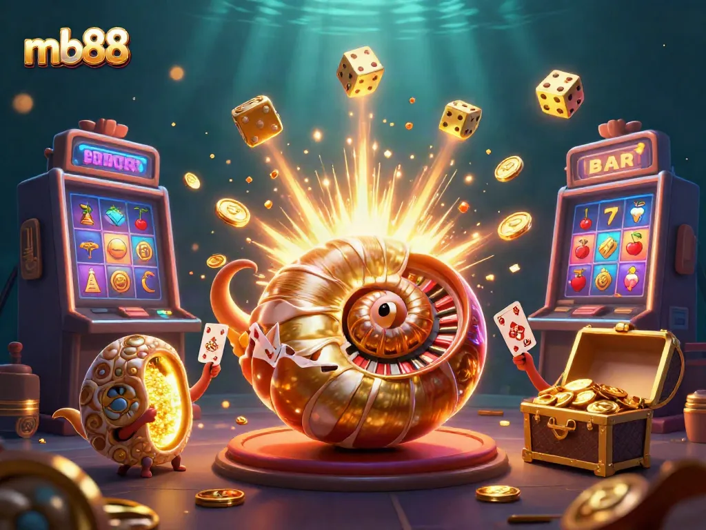 Engage in thrilling casino action with mb88, featuring a colorful 3D illustration of a giant nautilus roulette wheel.