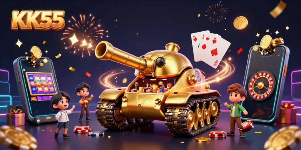 Experience excitement with KK55's lavish cartoon casino scene featuring dynamic games and vibrant celebrations.