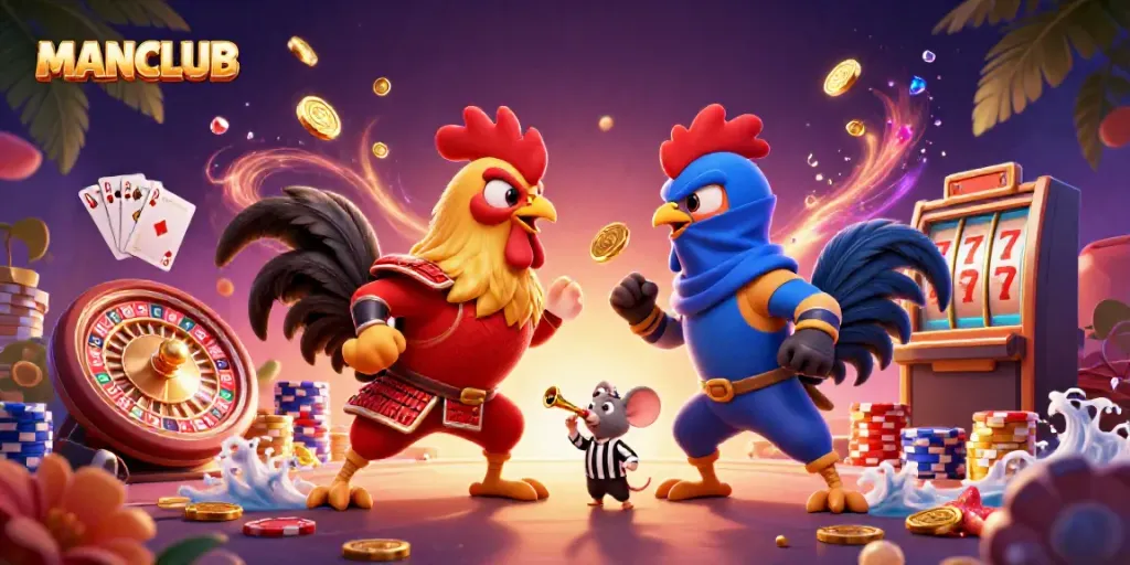 Experience the excitement of MANCLUB with dynamic fighting roosters amid casino elements.