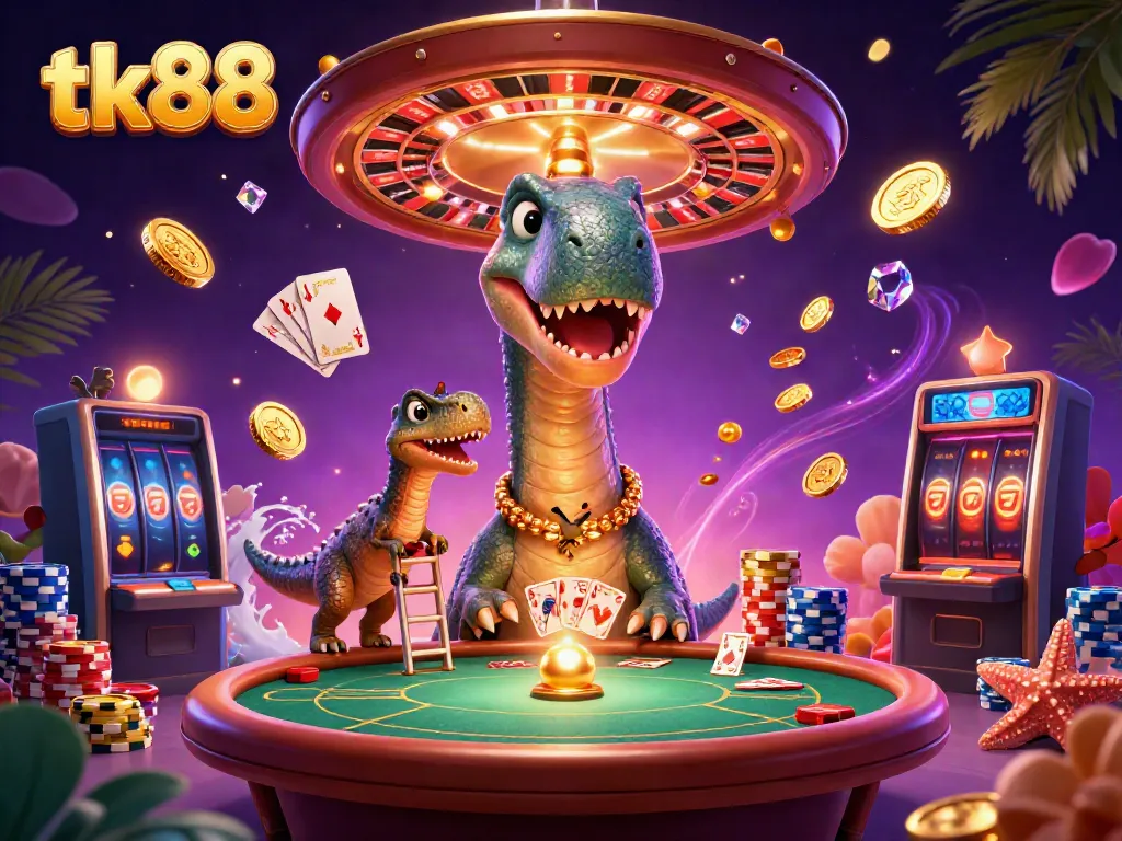 Experience thrilling gameplay with tk88 in a vibrant casino scene featuring animated dinosaurs and sparkling treasures.