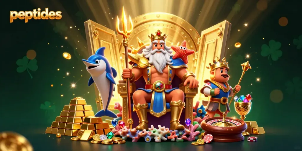 Immersive illustration of peptides as the central theme in a vibrant casino scene with Neptune and treasures.