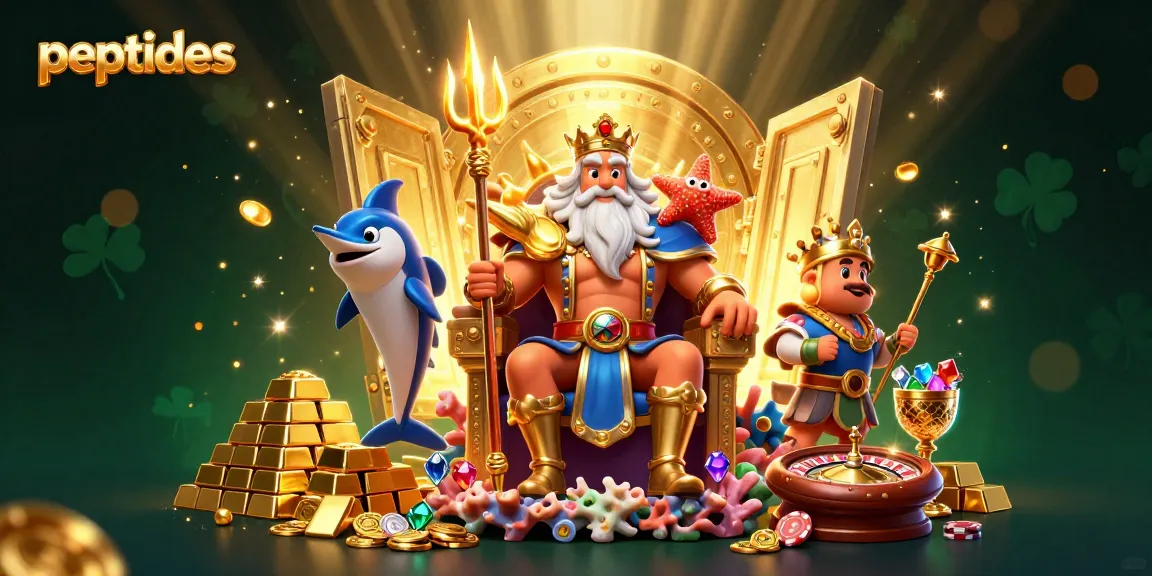 Immersive illustration of peptides as the central theme in a vibrant casino scene with Neptune and treasures.
