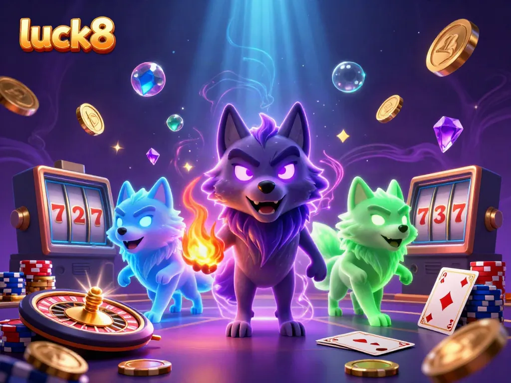 Luck8's captivating gaming universe with spirit wolves and vibrant casino elements.