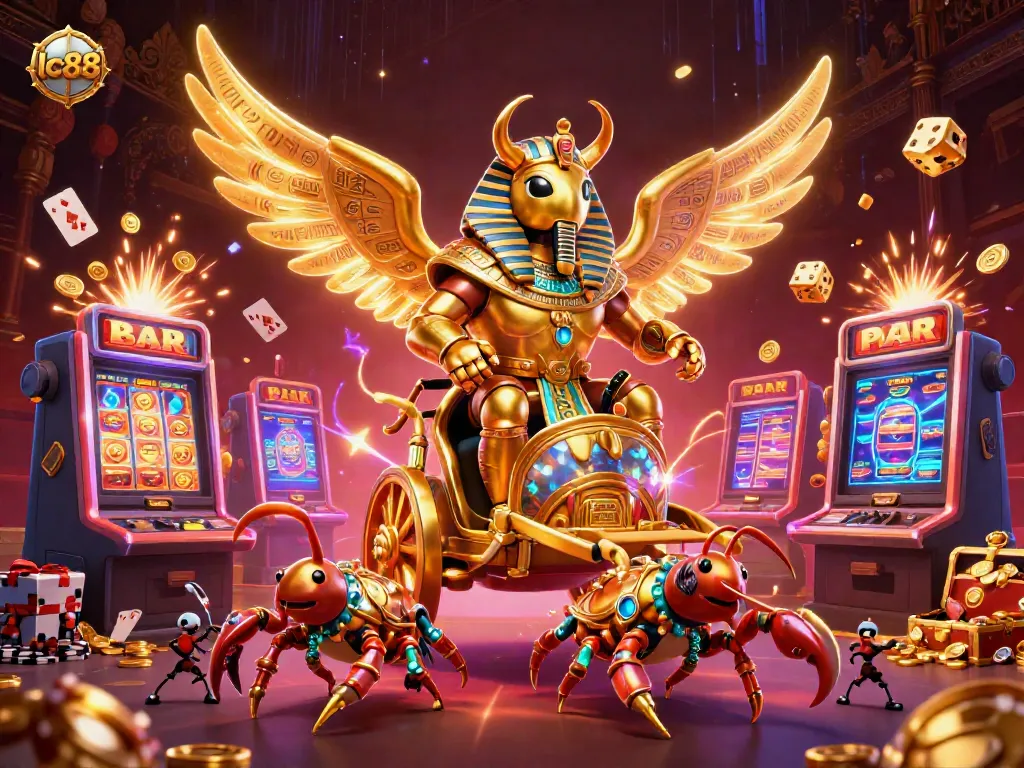 Engage with the thrilling lc88 casino scene featuring a golden scarab and gaming elements.