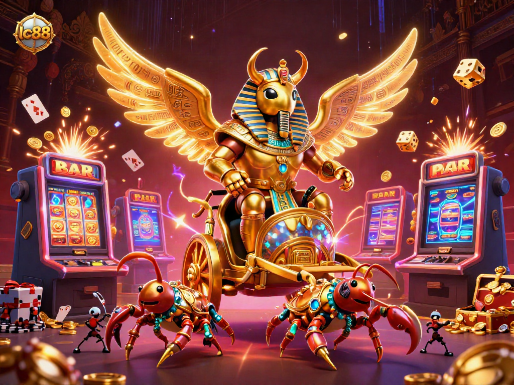 Engage with the thrilling lc88 casino scene featuring a golden scarab and gaming elements.