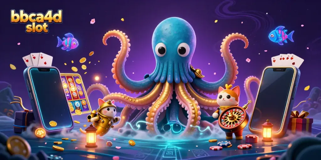 Menggulungkan gulungan slot di bbca4d slot dengan ikonik kraken dan kucing penyelam di laut berkilau.