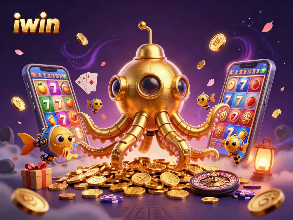 Engage in thrilling iwin adventures with a kraken submarine emerging from golden coins.