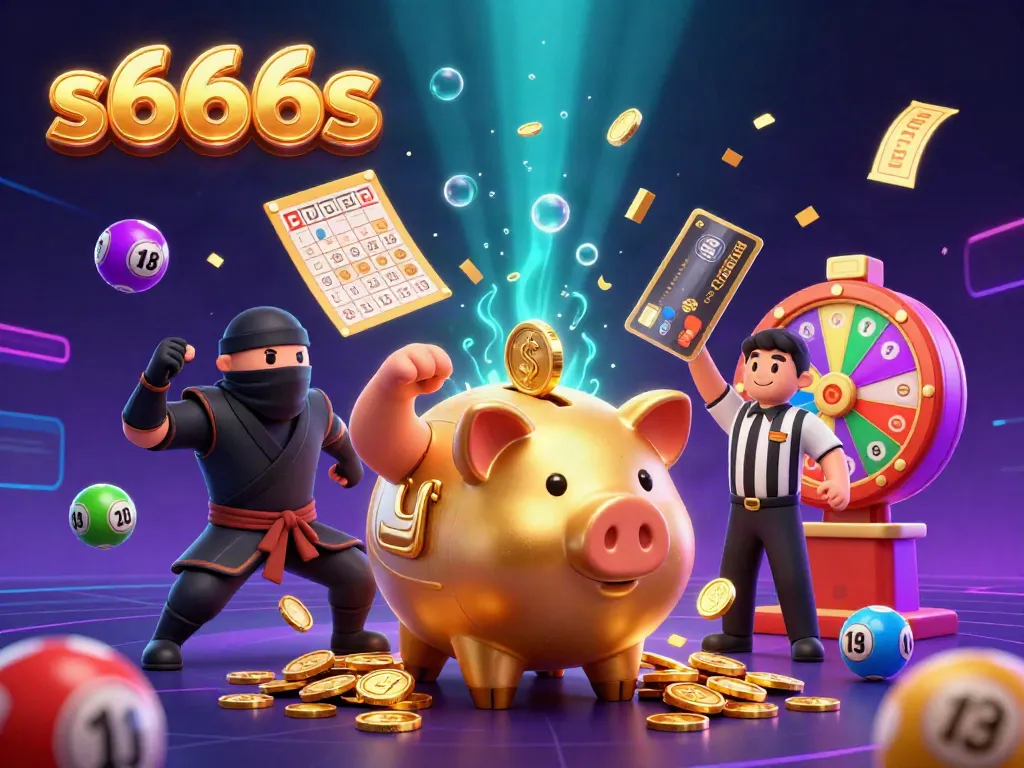 S666s casino illustration with a massive piggy bank wrestler, golden coins, and colorful lottery balls.