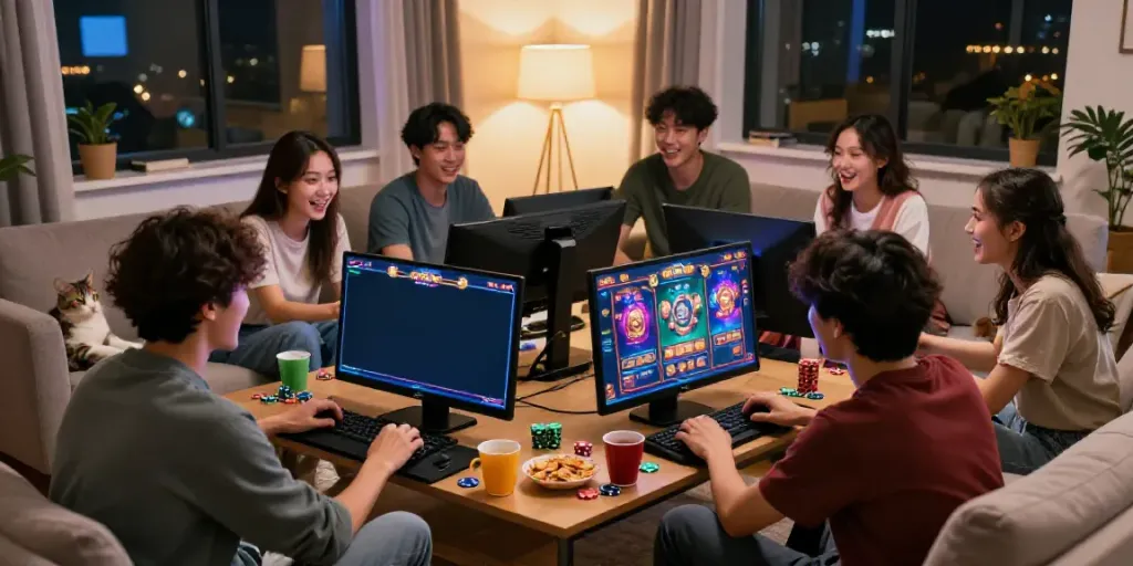 Grup teman bermain slot gacor di ruang tamu yang nyaman, suasana hangat dan akrab.