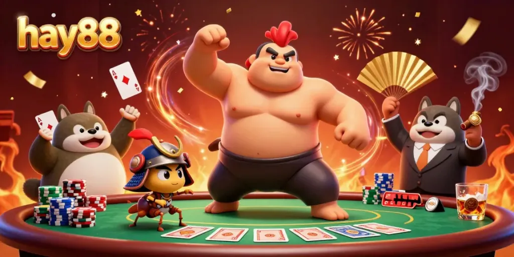 Experience hay88's unique casino atmosphere with colorful poker elements and lively characters.