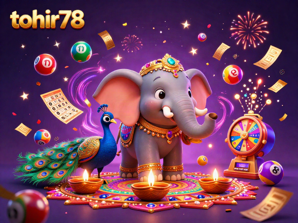 Experience excitement with tohir78's vibrant casino elements including a colorful elephant and lottery balls.