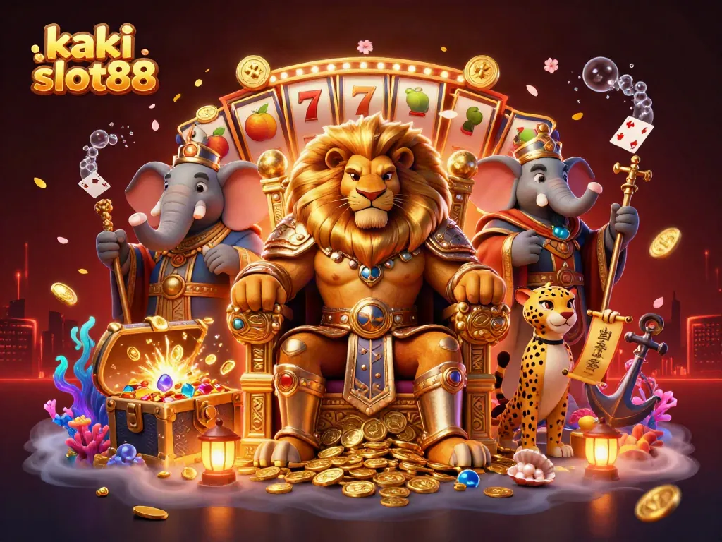 Permainan slot kaki slot88 ditampilkan dengan karakter kartun di tengah tumpukan koin emas.