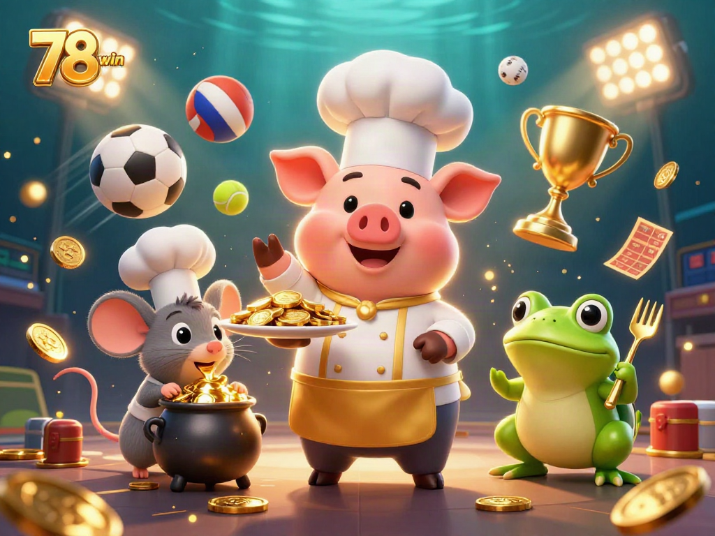 Bet on excitement with 78 win as a chef pig serves gold coins and sports elements in a vibrant scene.