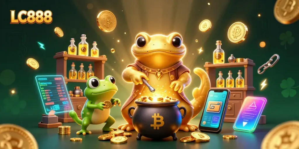 Experience thrilling action with LC888 as the alchemist transforms metals into golden coins surrounded by vibrant crypto elements.