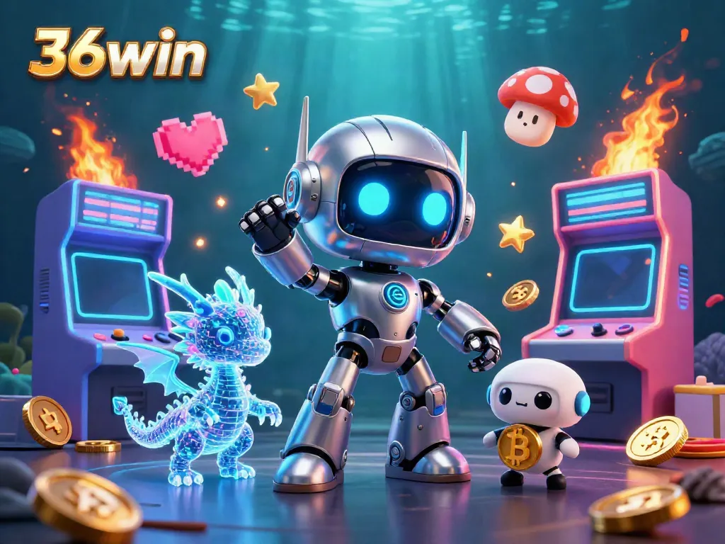 Engage with 36win's vibrant gaming universe featuring a cyberpunk robot and arcade elements.