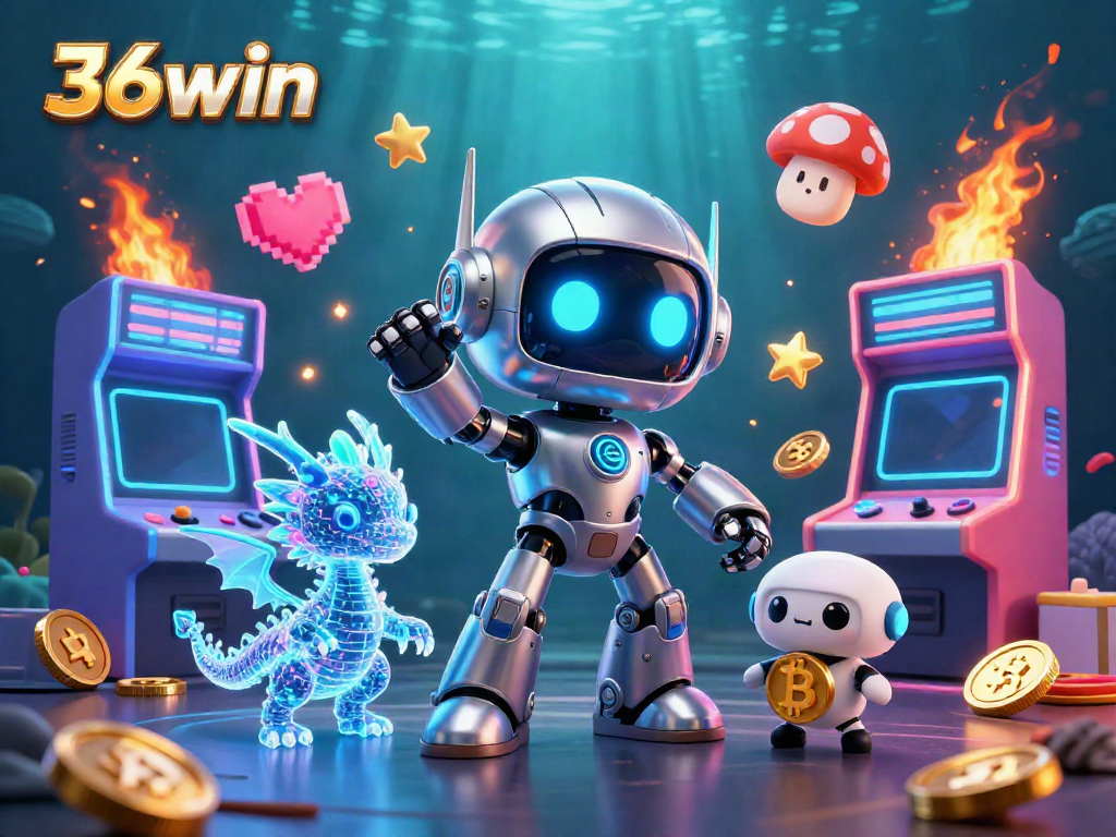 Engage with 36win's vibrant gaming universe featuring a cyberpunk robot and arcade elements.