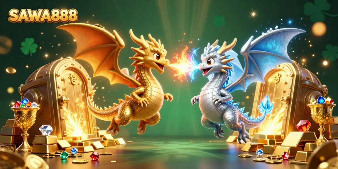 Experience thrilling action with SAWA888 as twin dragons unleash their powers in a vibrant casino scene.