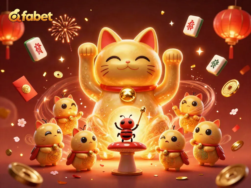Experience excitement at fabet with a dynamic illustration of a lucky cat and casino symbols.