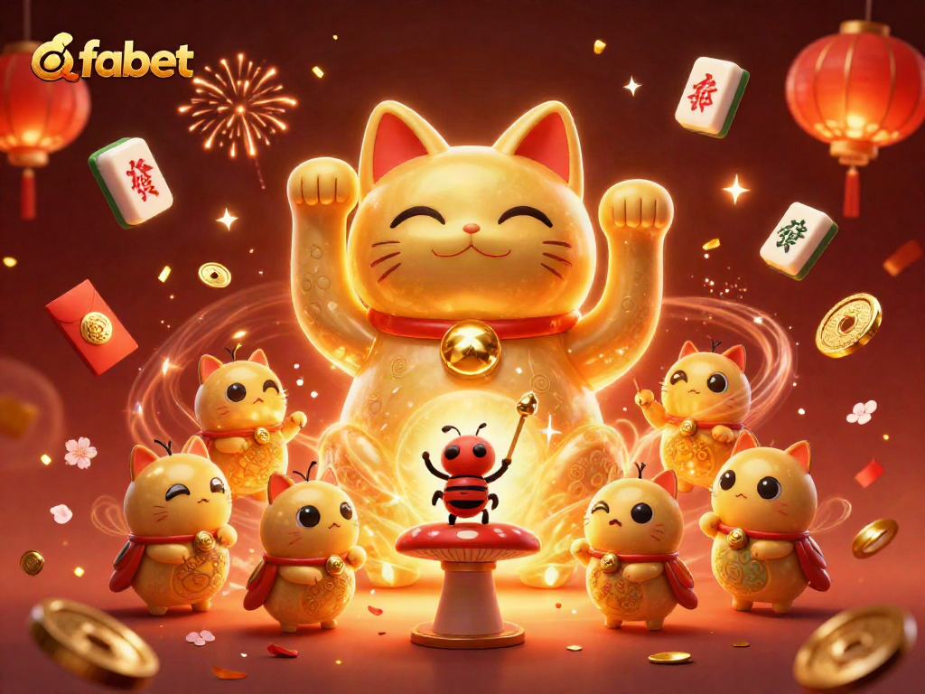 Experience excitement at fabet with a dynamic illustration of a lucky cat and casino symbols.