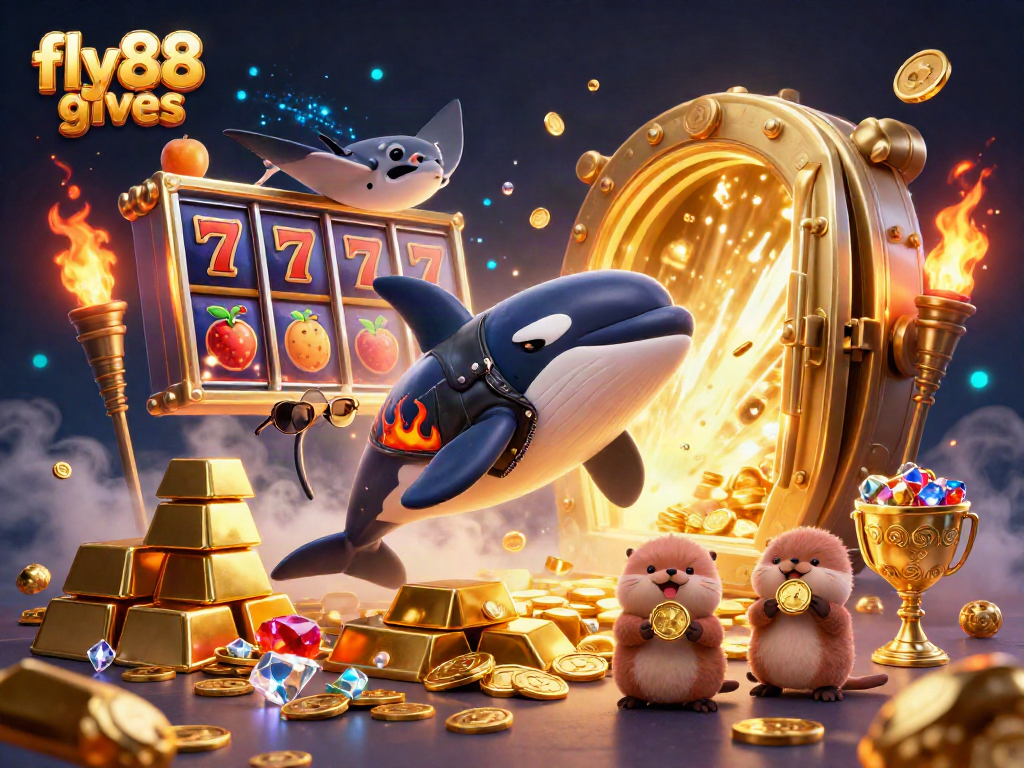 Join the fun with fly88 gives as the exciting characters dive for treasure in a vibrant casino scene.