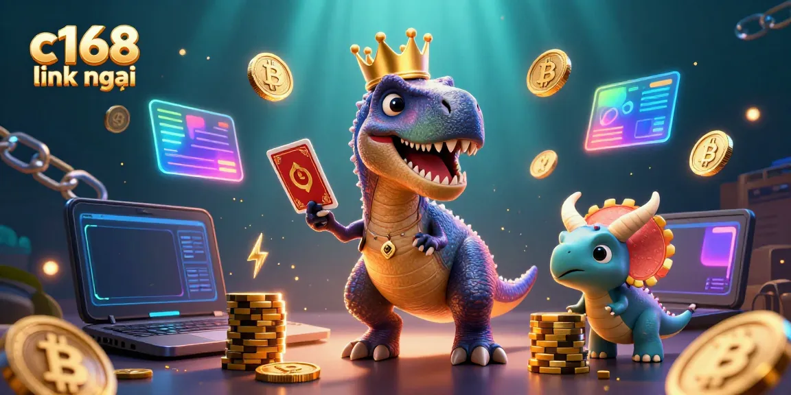 Experience the excitement of c168 link mới with a playful T-Rex and friends in a vibrant casino scene.