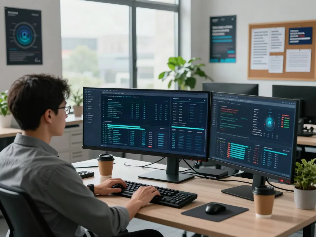 Cybersecurity analyst monitors showing pecah404 data alerts in a modern office.