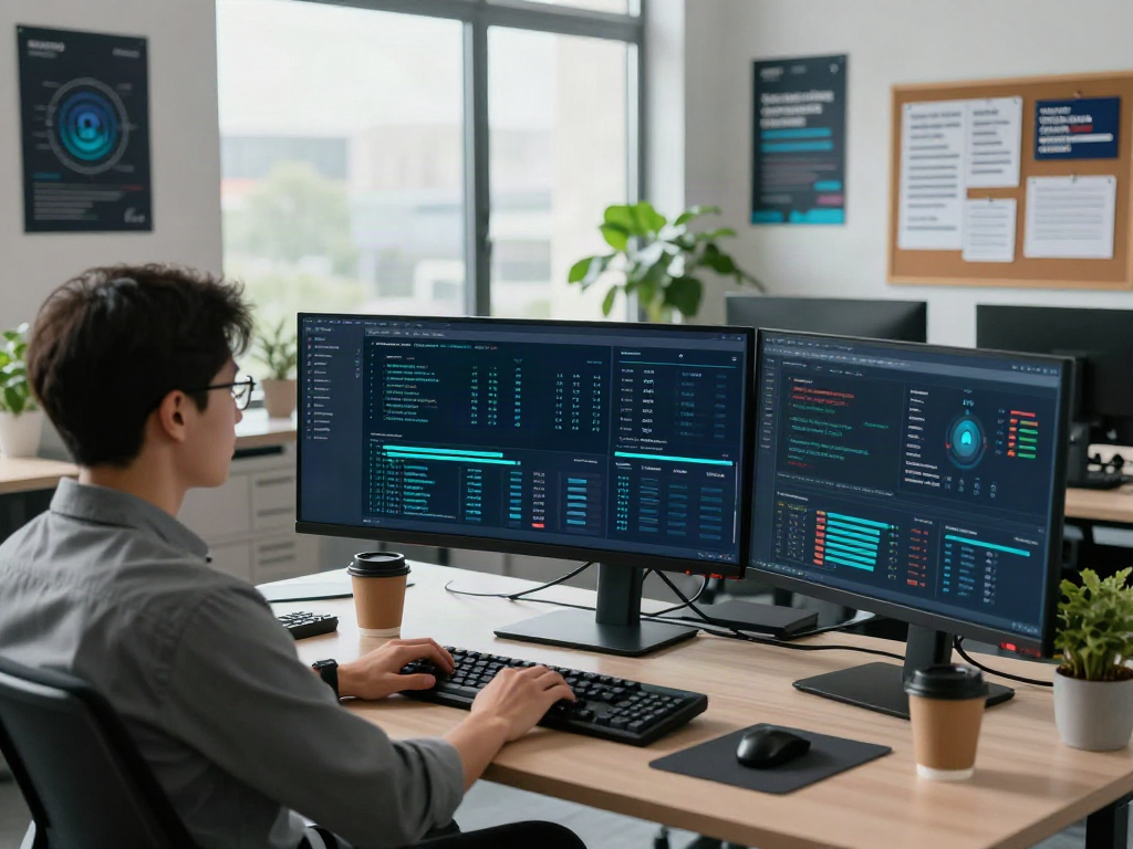 Cybersecurity analyst monitors showing pecah404 data alerts in a modern office.