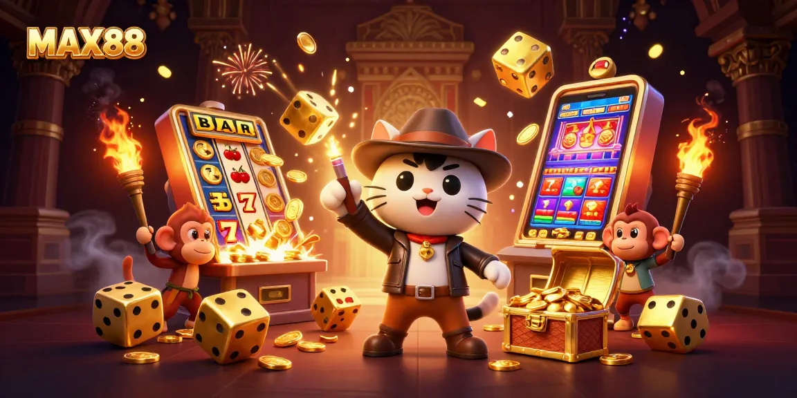 MAX88 showcases thrilling slots action with an explorer cat unearthing casino treasures in an ancient temple.