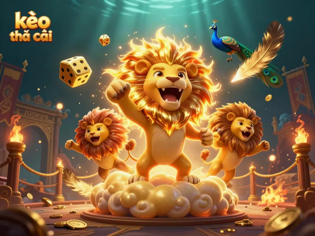 Engage with kèo nhà cái as the sun lion triumphs on golden clouds amidst gold coins and dynamic elements.