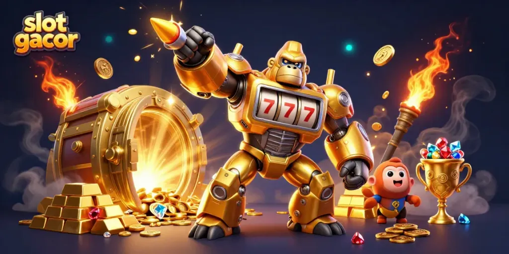 Slot gacor dengan karakter gorila emas mech dan koin berterbangan saat bermain slot online.
