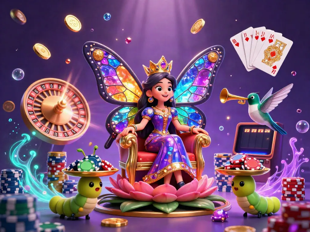 Engage with the dazzling world of 6623, featuring a butterfly queen amidst vibrant casino elements.