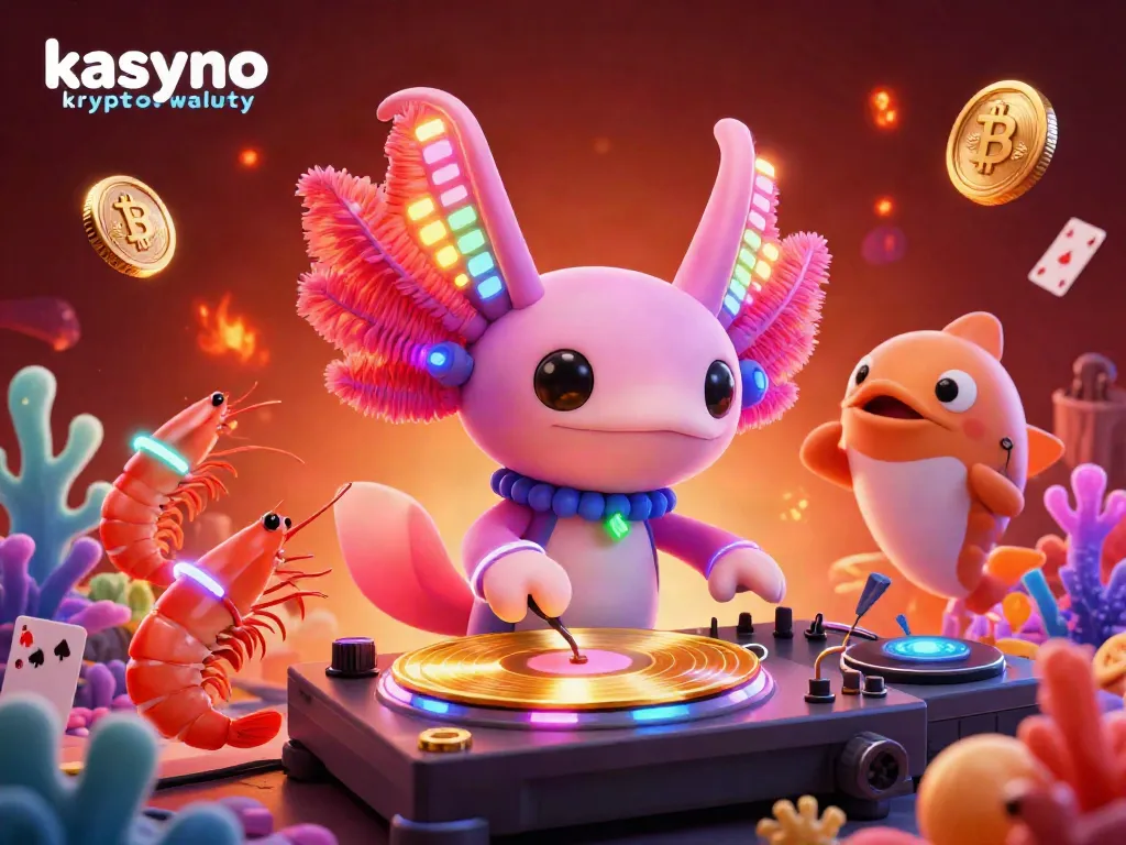 Experience the thrill of kasyno kryptowaluty with vibrant axolotl DJ and dancing sea creatures in this lively underwater scene.