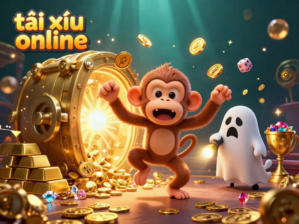 Experience the thrill of tài xỉu online in this vibrant 3D scene featuring a mischievous monkey and a curious puppy in a haunted casino environment.
