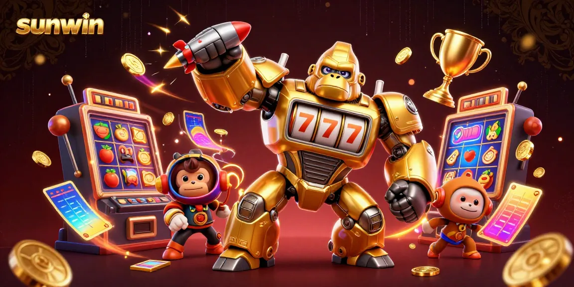 Experience sunwin's thrilling games with an explosive 3D illustration of a golden gorilla mech amidst casino elements.