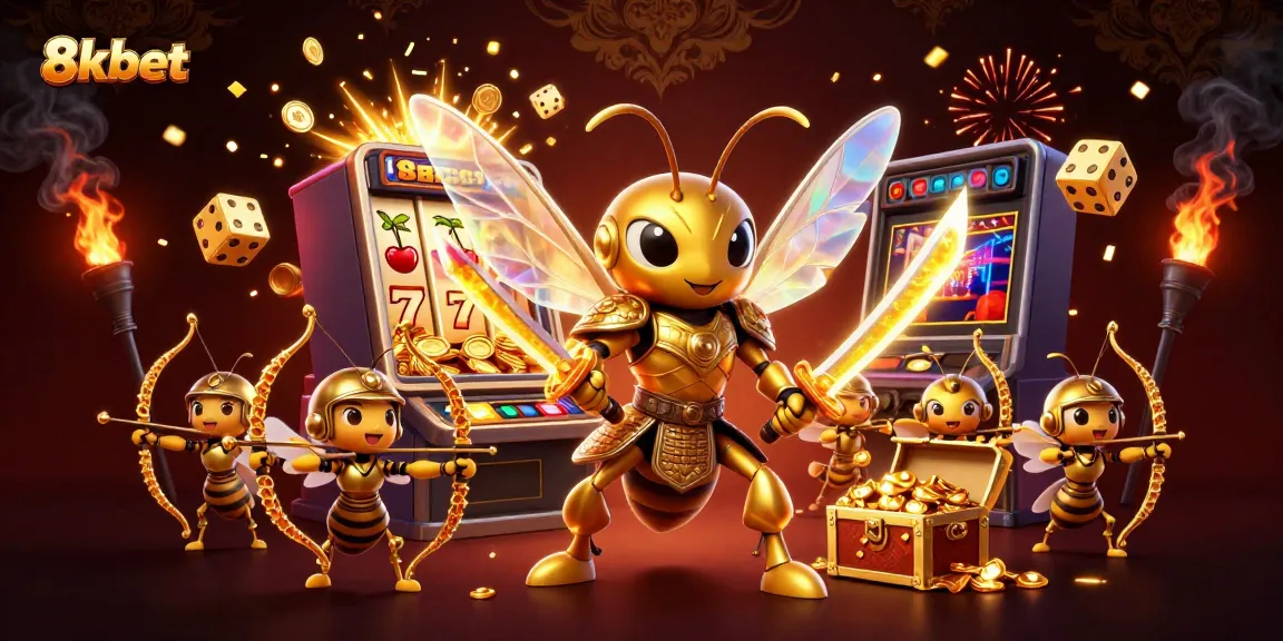 Experience the excitement of 8kbet with a stunning 3D casino illustration featuring slot machines and treasure.