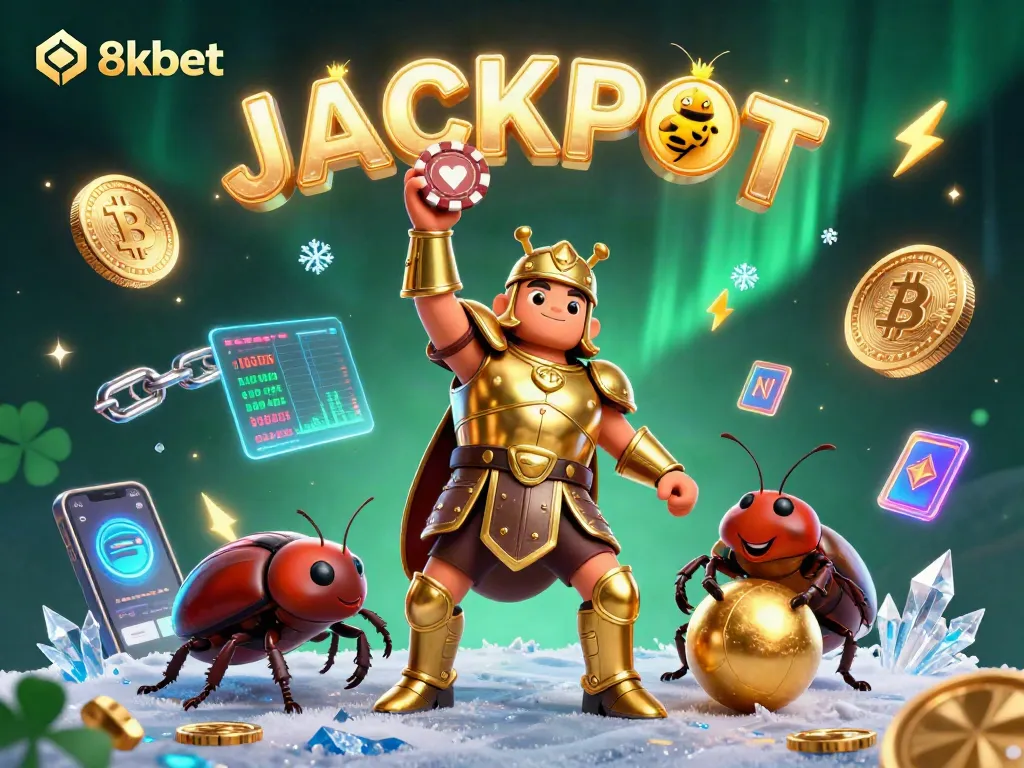 Experience winning at 8xbet with a victorious hercules beetle lifting a poker chip, surrounded by vibrant casino elements.
