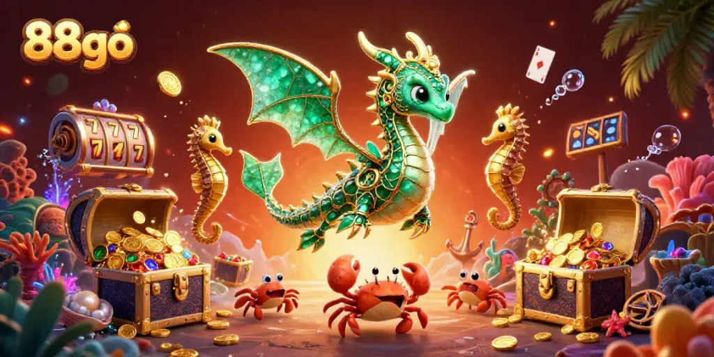 88go showcases a vibrant underwater casino scene featuring a majestic sea dragon and treasure chest with slot reels and poker cards.