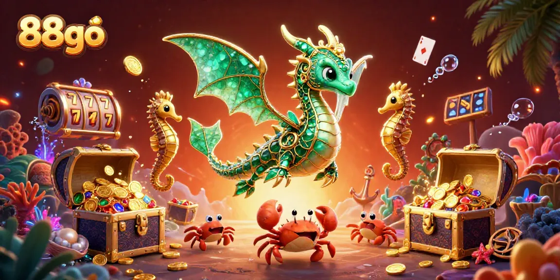 88go showcases a vibrant underwater casino scene featuring a majestic sea dragon and treasure chest with slot reels and poker cards.