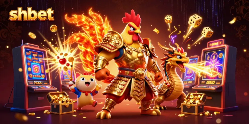 Exciting shbet illustration featuring a rooster warrior and dragon hatchling amidst casino elements.