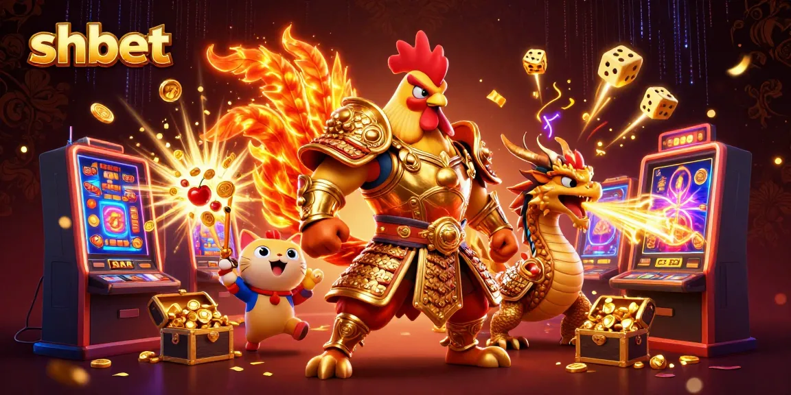 Exciting shbet illustration featuring a rooster warrior and dragon hatchling amidst casino elements.